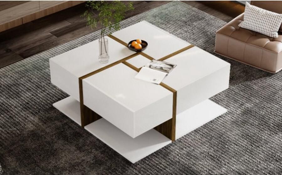 Merlooks Hoogglans salontafel tafel met 4 lades unieke kleurmatching en lijndesign opbergruimte onderin. 78*78*34.8cm