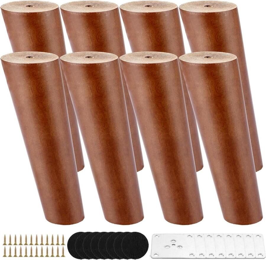 8-delige set houten meubelpoten schuin aflopende poten van 15 cm voor tafels en banken met schroeven viltdoppen en bevestigingsplaten