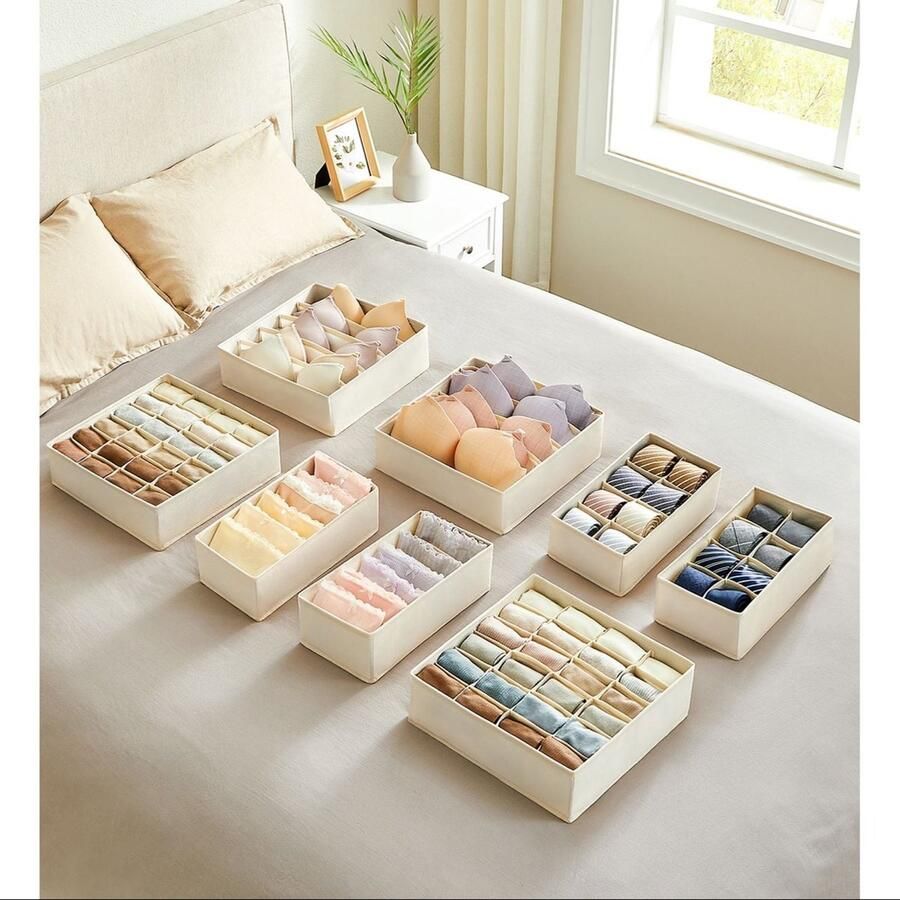 Rootz Living Rootz 8-delige set ondergoedorganizer lingerieopberger ladeverdelers niet-geweven stof karton PE-karton beige 32 cm x 32 cm x 10 cm