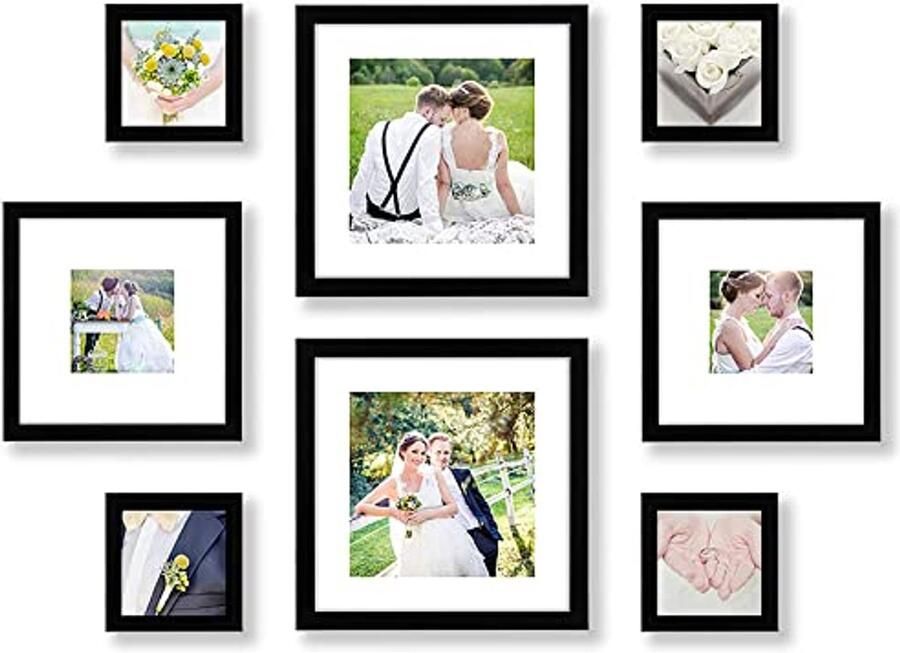 8-delige Zwarte Collage Fotolijsten Set voor Muur en Tafel Inclusief 11x11 8x8 en 4x4 Frames Galerij Wanddecoratie met Schokbestendig Glas en Ophangset