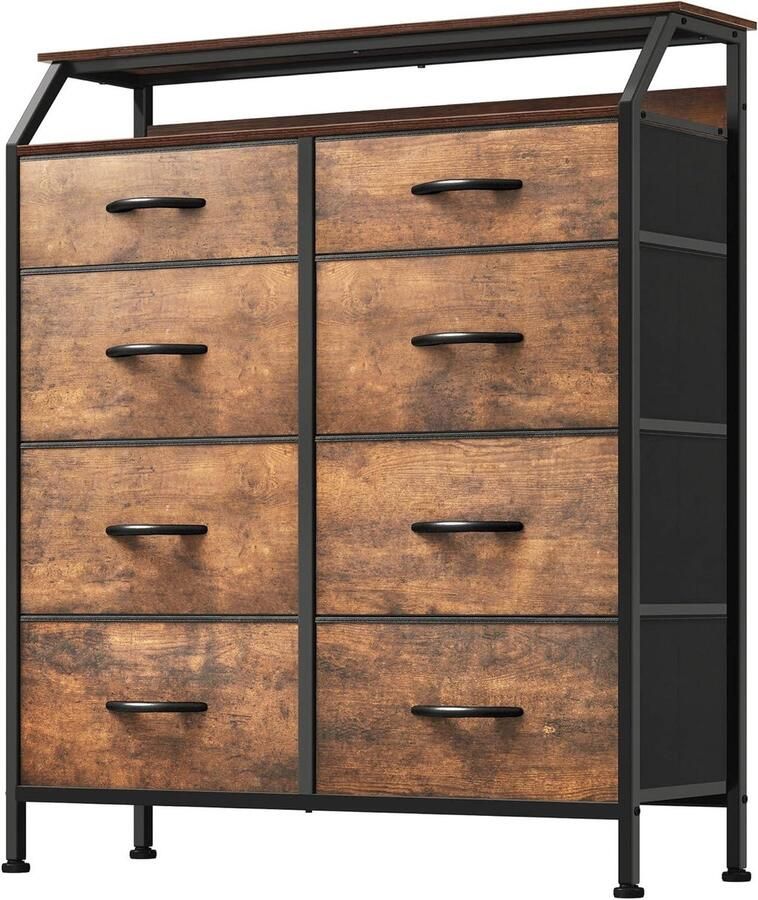 8 Drawer Fabric Chest of Drawers with Shelves Easy Pull Handle & Sturdy Steel Frame Rustic Brown