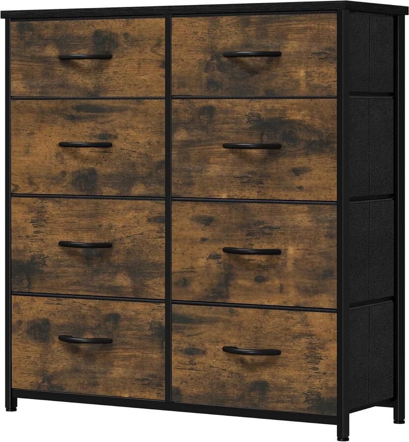8 Drawer Fabric Dresser Storage Drawers with Handles Metal Frame Rustic Brown