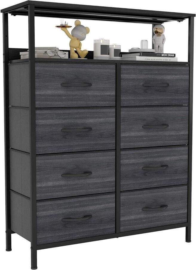 8-Drawer Fabric Dressers with Shelves Easy Pull Handle Sturdy Steel Frame Storage for Bedroom Kids Room Closet Charcoal Black Wood Grain