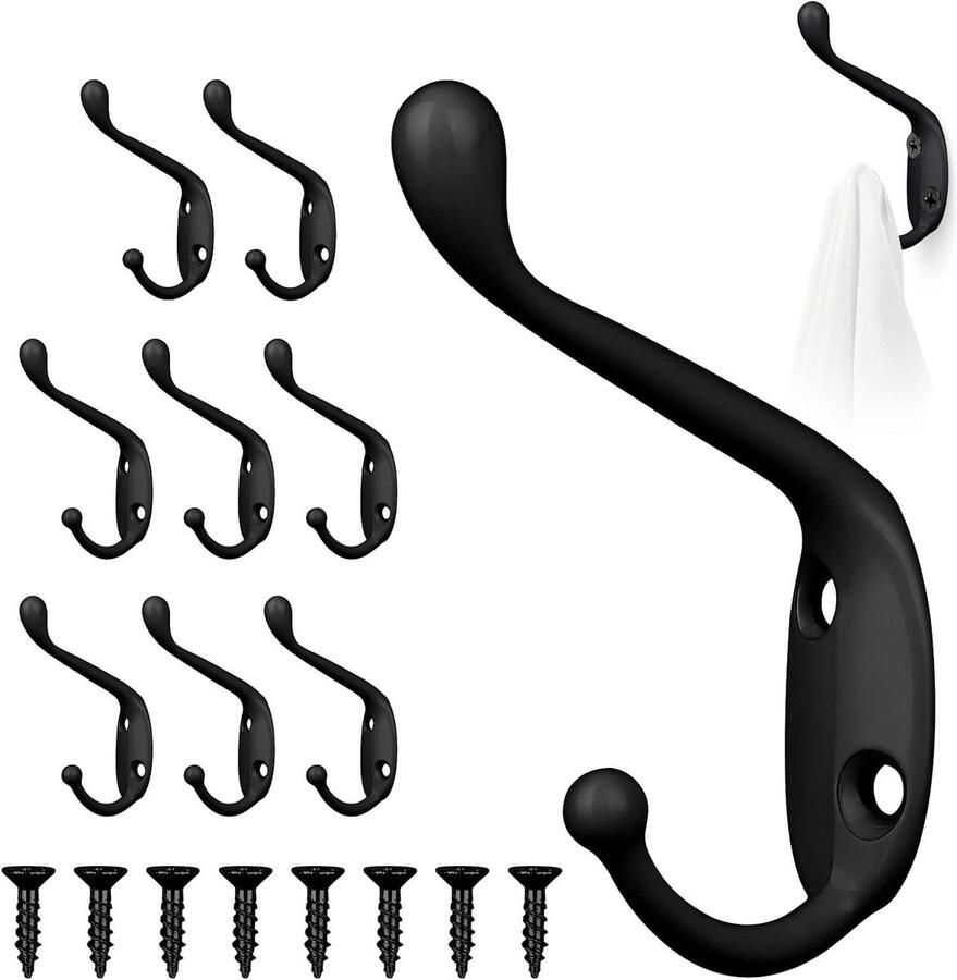 8 kledinghaken voor de muur met schroeven zwart metalen retro kapstokhaken decoratieve dubbele haken voor badkamer en keuken