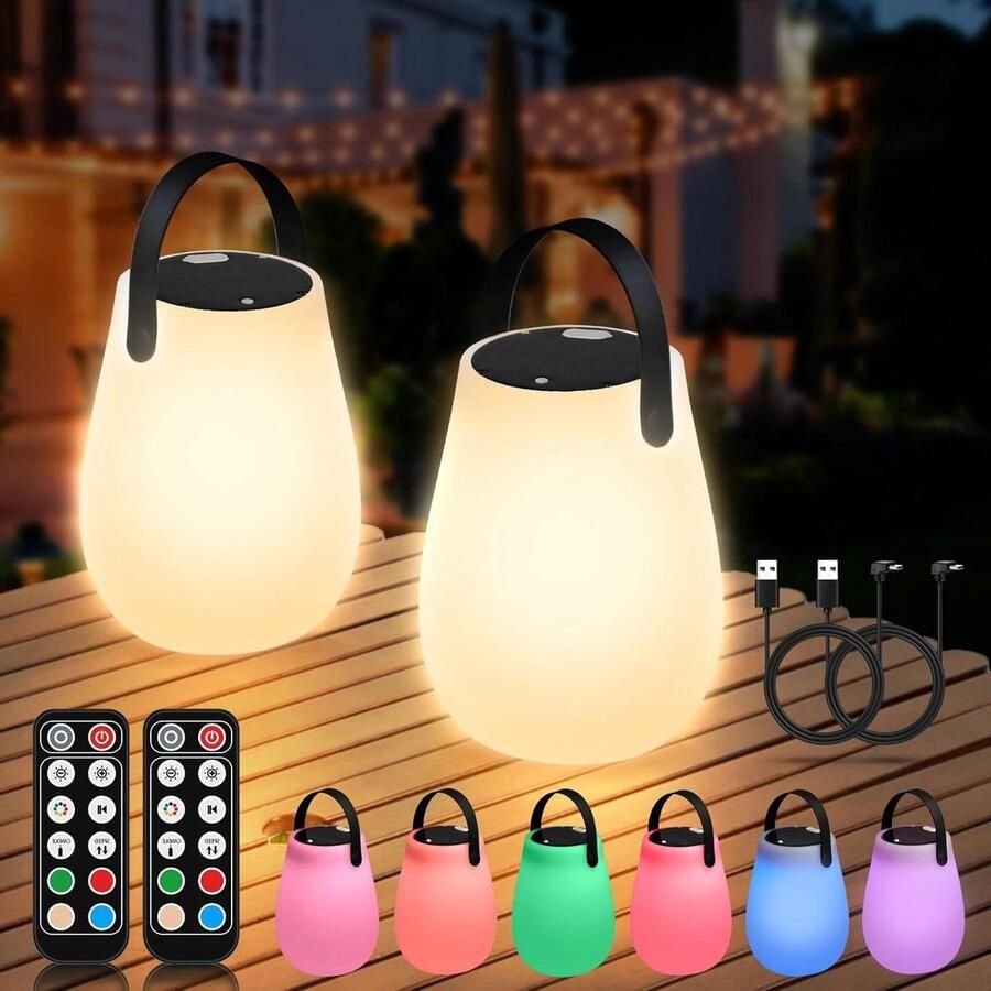 8 kleuren dimbare tafellamp op zonne-energie en USB oplaadbaar met afstandsbediening waterdicht draadloos tafel tuin camping slaapkamer 2 stuks