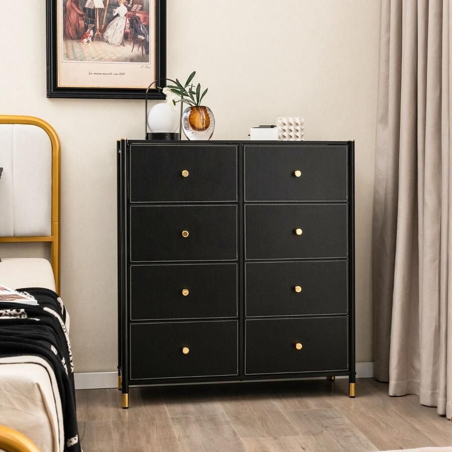 8-Laden Stoffen Ladekast – Brede Opbergkast met Metalen Frame – Vrijstaand Dressoir voor Woonkamer & Hal – Zwart