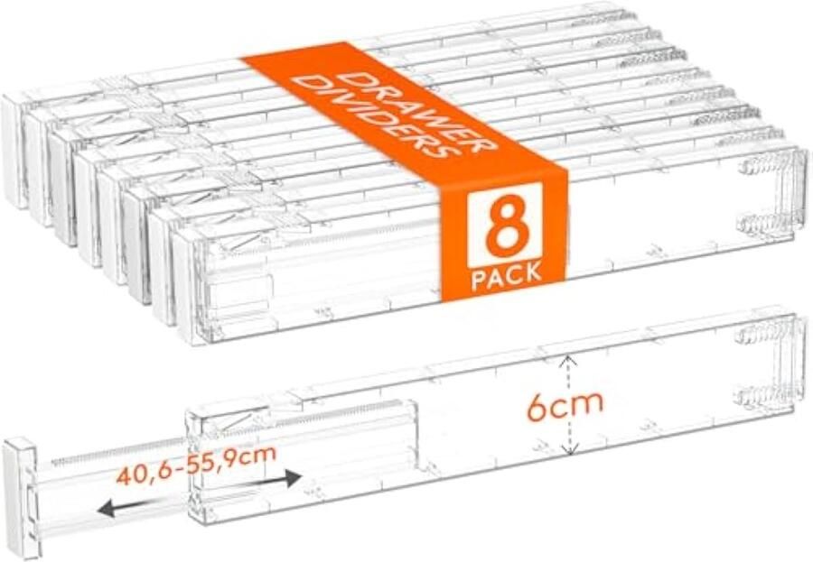 8 Pack Keuken Ladeverdelers 6cm Hoog 40.6-56 2cm Verstelbare Lade Organisator voor Keukengerei Kleren Make-up Plastic Uitbreidbare Verdelers in Dressoir Bedkamer Badkamer Opbergen