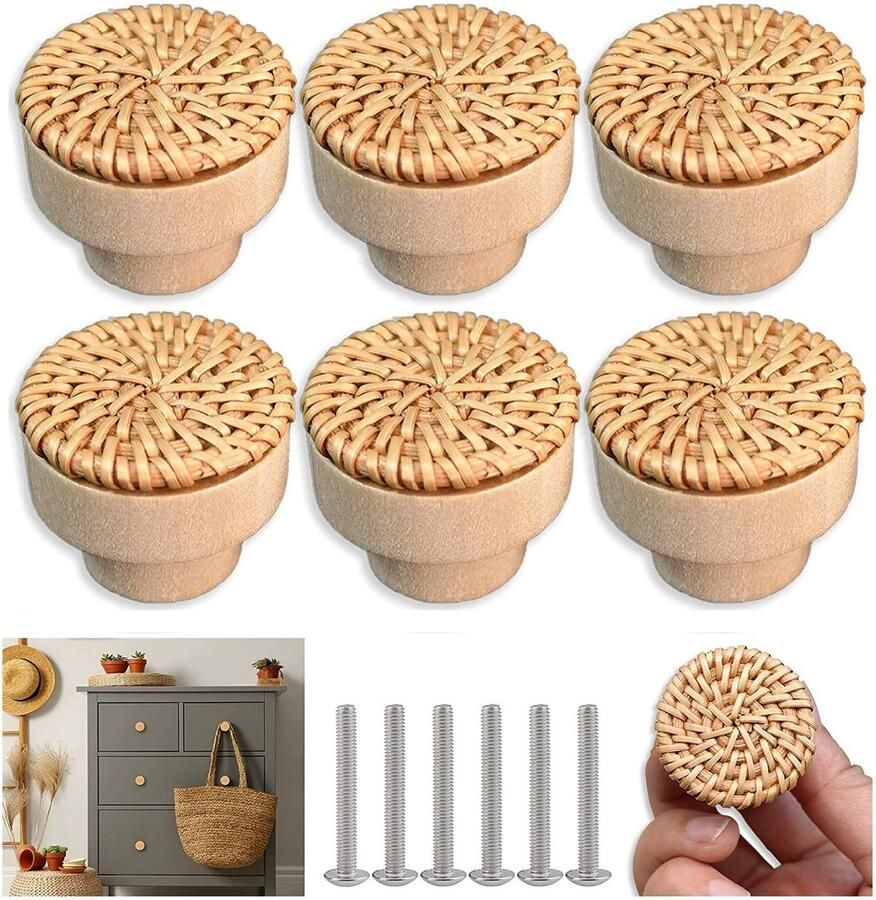 8-Pack rotan ladekastknoppen Geweven rieten ladeknoppen voor kasten en dressoirs-Knoppen van hout gevlochten houten handgrepen deur- en raamgrepen-4*3cm