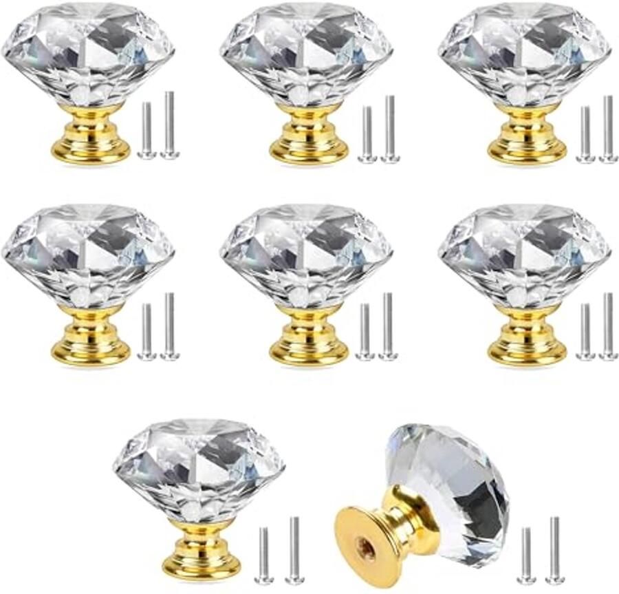 8 Pcs 25mm Kristallen Ladeknoppen met Gouden Basis