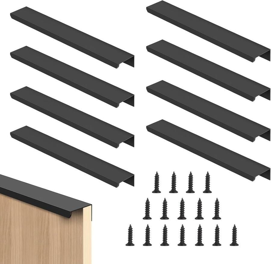 8 Pcs Ladeknoppen voor Verborgen Meubels 200mm Zwarte Moderne Meubelhendel met Schroefgaatafstand 96mm Meubelhendels voor Kasten Laden Keukens