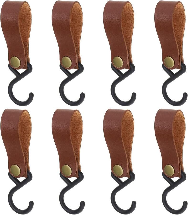 ZVD 8 stucks S-vormige plastic haken van PU-leer Haken voor buitenkamperen Garderobe voor keuken en badkamer Ornamenten voor het ophangen van riemen Bruin