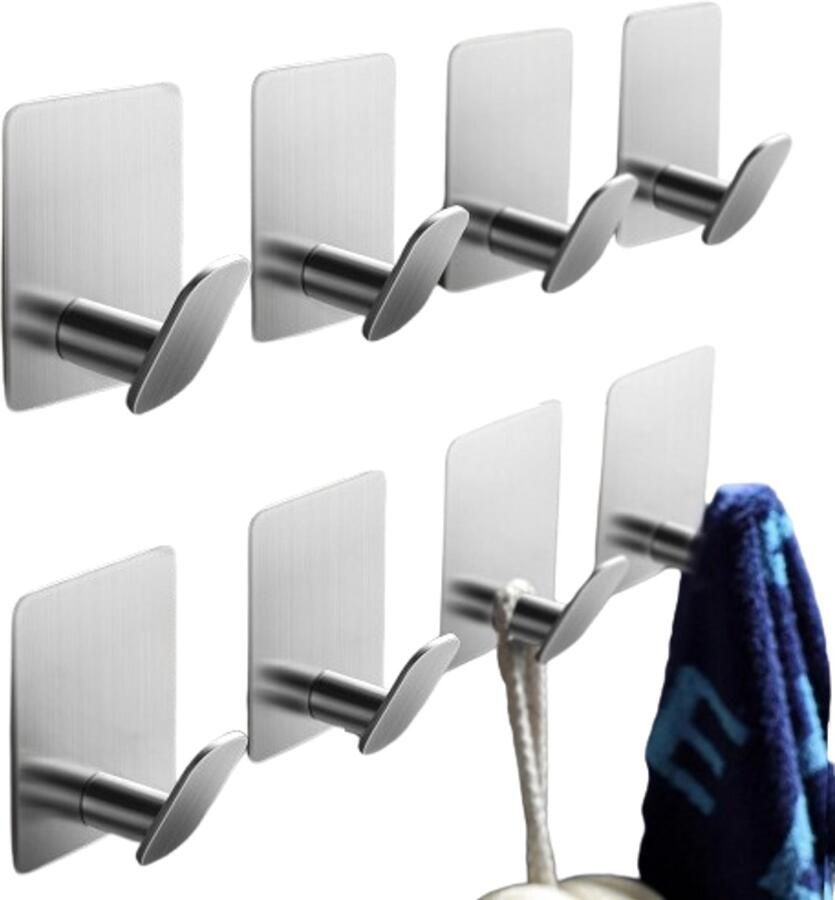 8 stuks Badkamerhaken Handdoekhaak kapstok haak Muurhaak Handdoekhaken voor badkamers zelfklevende wandhaken voor het ophangen van een badjas SUS 304 roestvrij staal zilver 4.5*5.5 cm