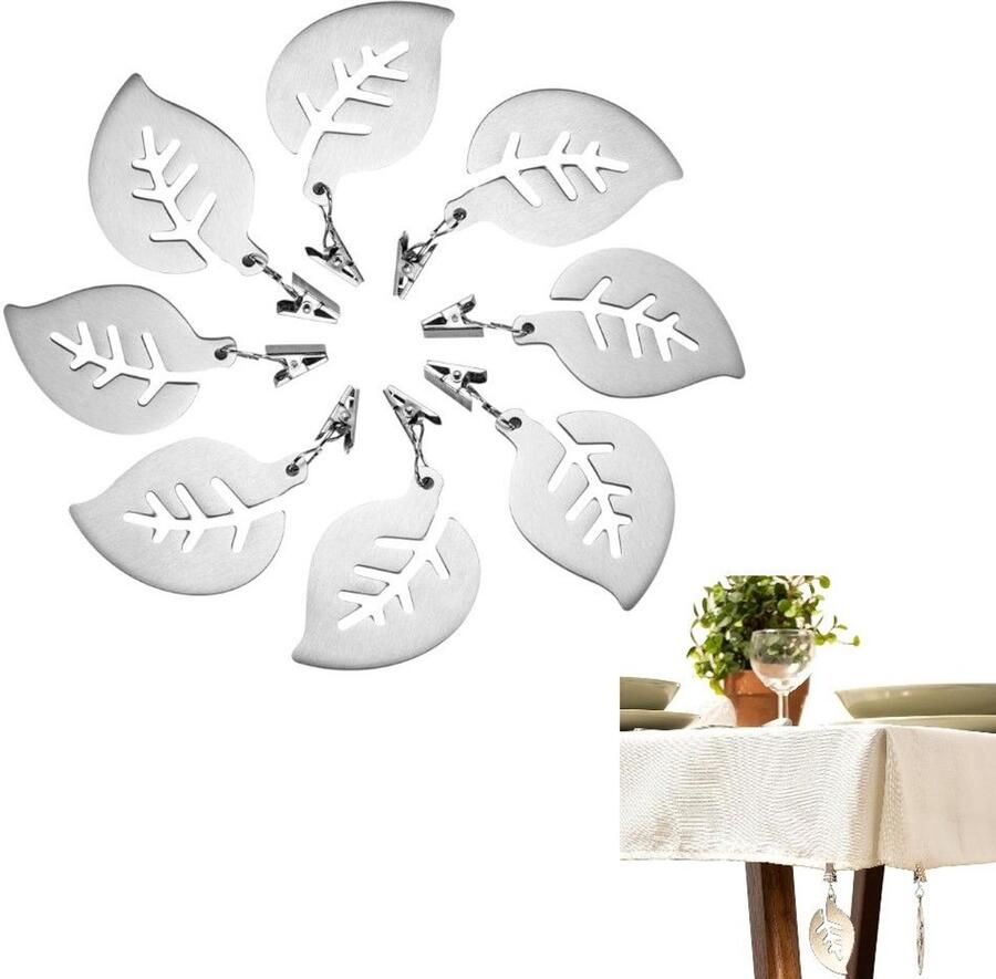 8 stuks bladvormige tafelkleedklemmen tafelkleedgewichthangers verzwaarde tafelkleden voor binnen en buiten geschikt voor feestelijke bijeenkomsten 7X5cm (zilver)