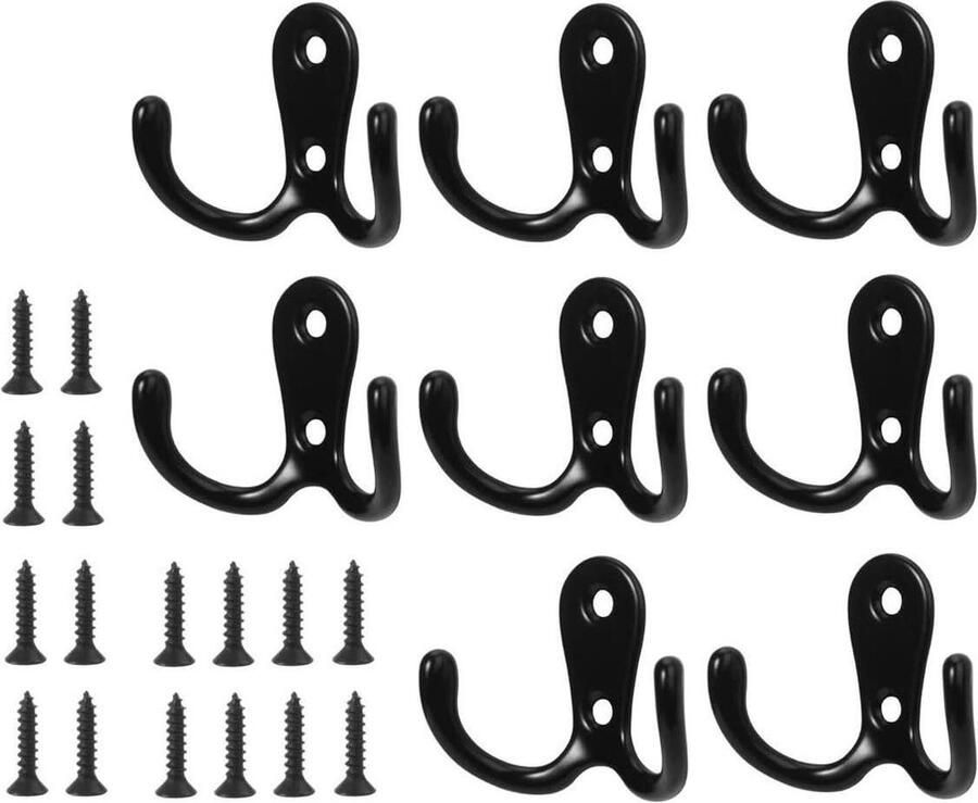 8 stuks deurhaken met bevestigingsschroeven kledinghaken vintage dubbele haken zwart metalen wandhaken badkamer keuken