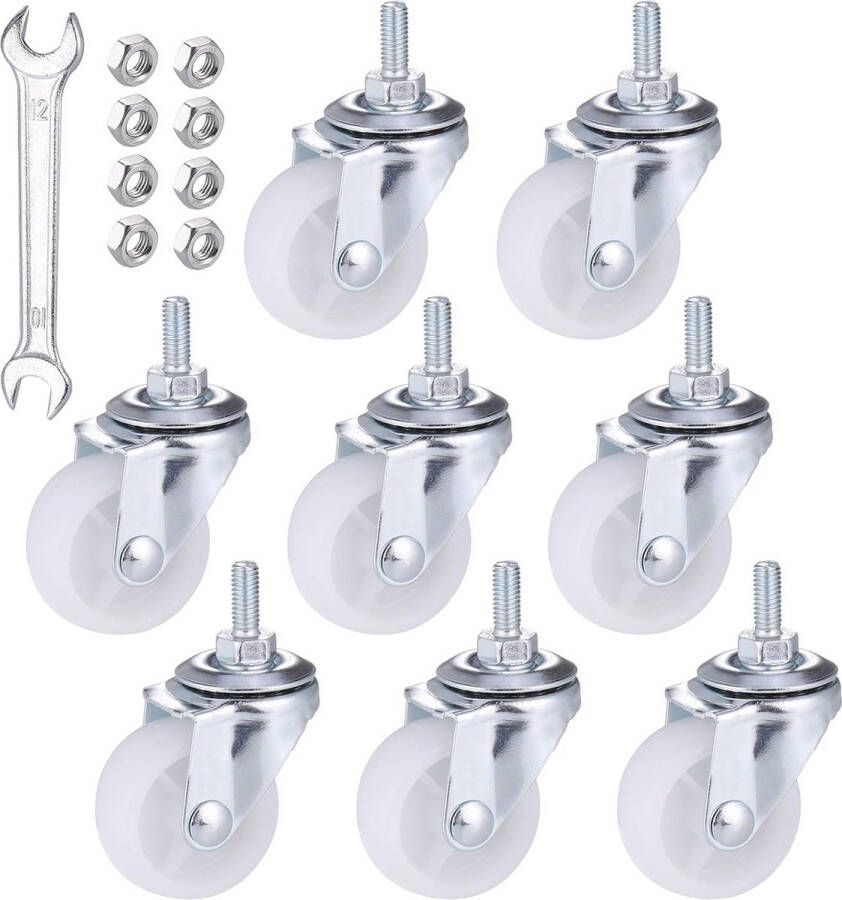 8 stuks draaibare meubelwielen met ringsteeksleutel en moeren doe-het-zelf PU-rubberen wielen hoogwaardige transportwielen witte zwenkwielen met dubbele kogellagers draaibare kop (hoogte 50 mm)