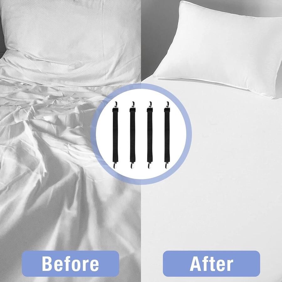 4 Stuks Elastische Lakenspanner met Metalen Clips Verstelbare Elastische Fasteners 30-120cm Zwart