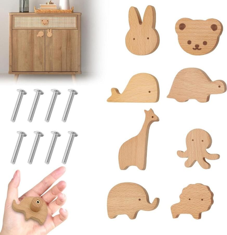 Houten kastknoppen voor kinderkamer Set van 8 stuks Meubelknoppen kinderen Dierlijke houten ladegreep Verschillende diervormen kastknoppen kinderkamer
