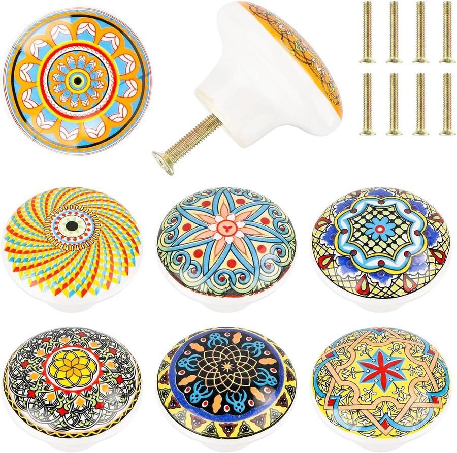 8 stuks keramische meubelknoppen Boheemse stijl kastknoppen 39 mm ronde ladeknoppen deurknoppen met verschillende patronen voor commodes laden kasten