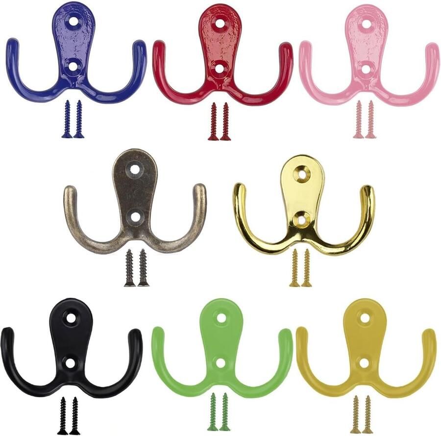 8 stuks kleurrijke kledinghaken vintage dubbele wandhaken vintage met schroeven kledinghaken voor badkamer keuken kantoor deur slaapkamer kledingkast