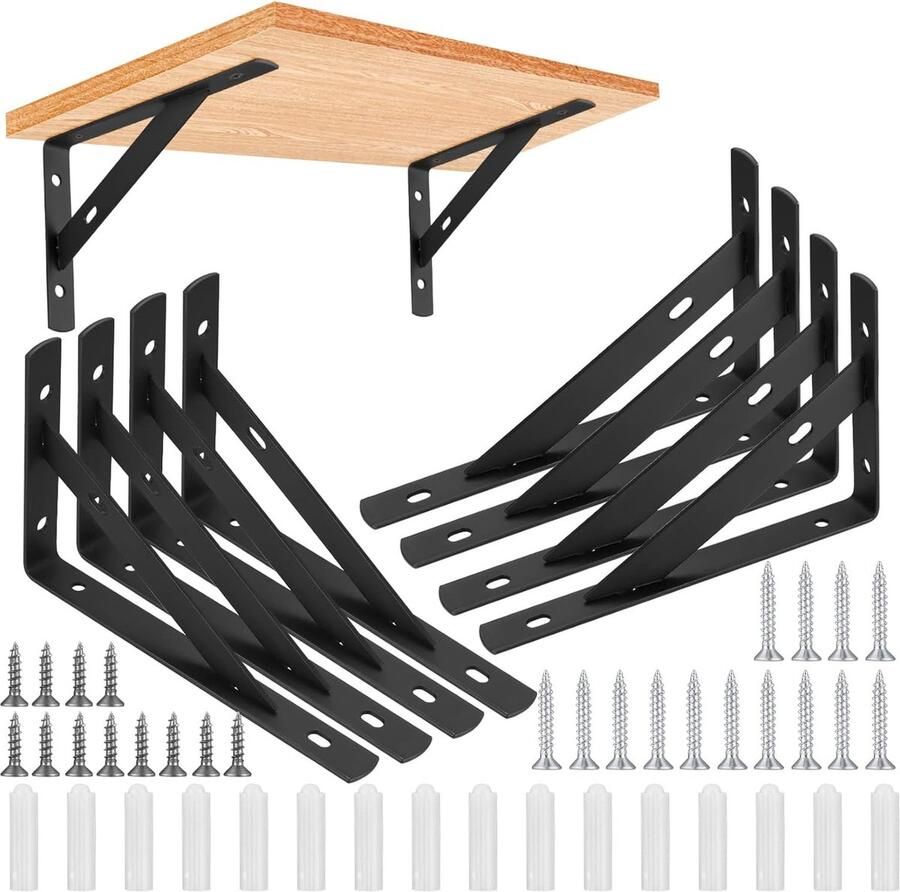 8 stuks plankhouders 90 graden plankdragers metaal zware belasting console wandhoek driehoekdrager plankhoek voor wandmontage (zwart 150 x 95 mm)