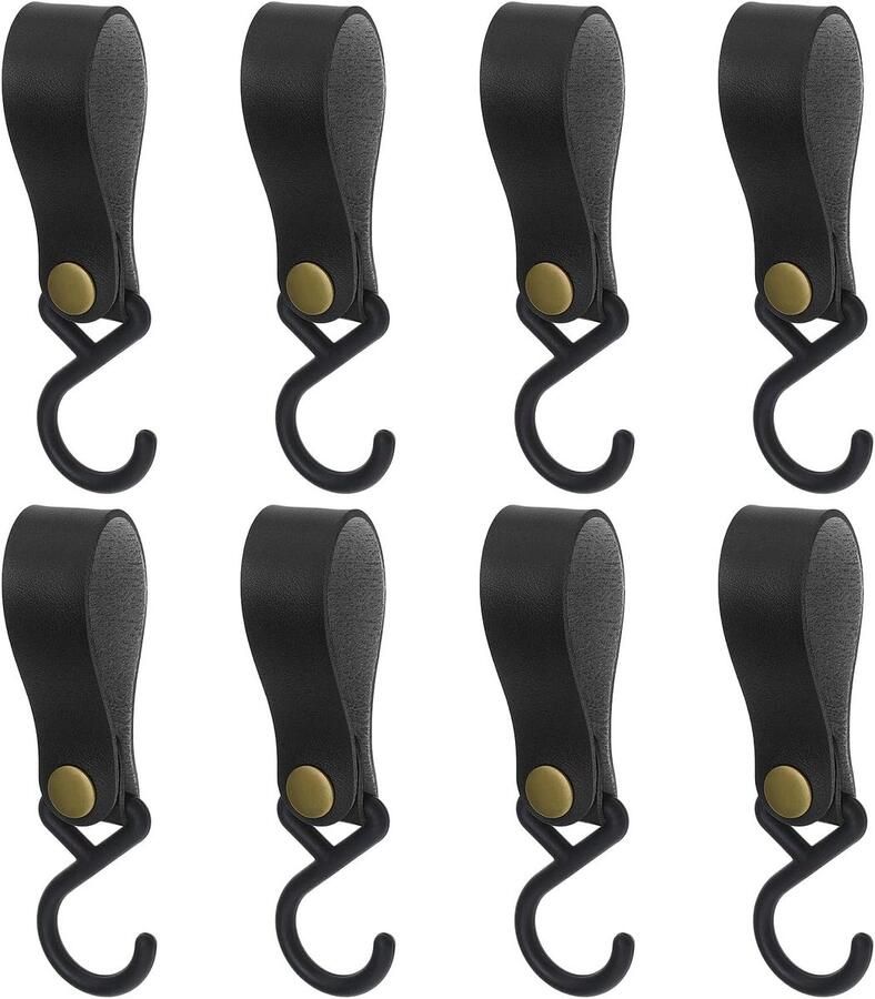 ZVD 8 stuks PU-leren S-vormige plastic haken Outdoor Camping Pot Haken Keuken Badkamer Handdoek Kapstokken Tailleband Hangende Ornamenten Zwart
