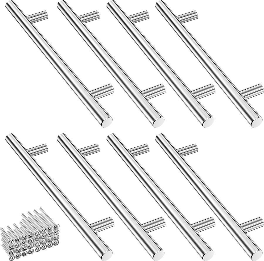 8 stuks roestvrijstalen keukengrepen zilver handgrepen voor keukenkasten deurgrepen zilver 128 mm gatafstand ladegrepen met 32 schroeven ronde uitvoering meubelgrepen voor keuken