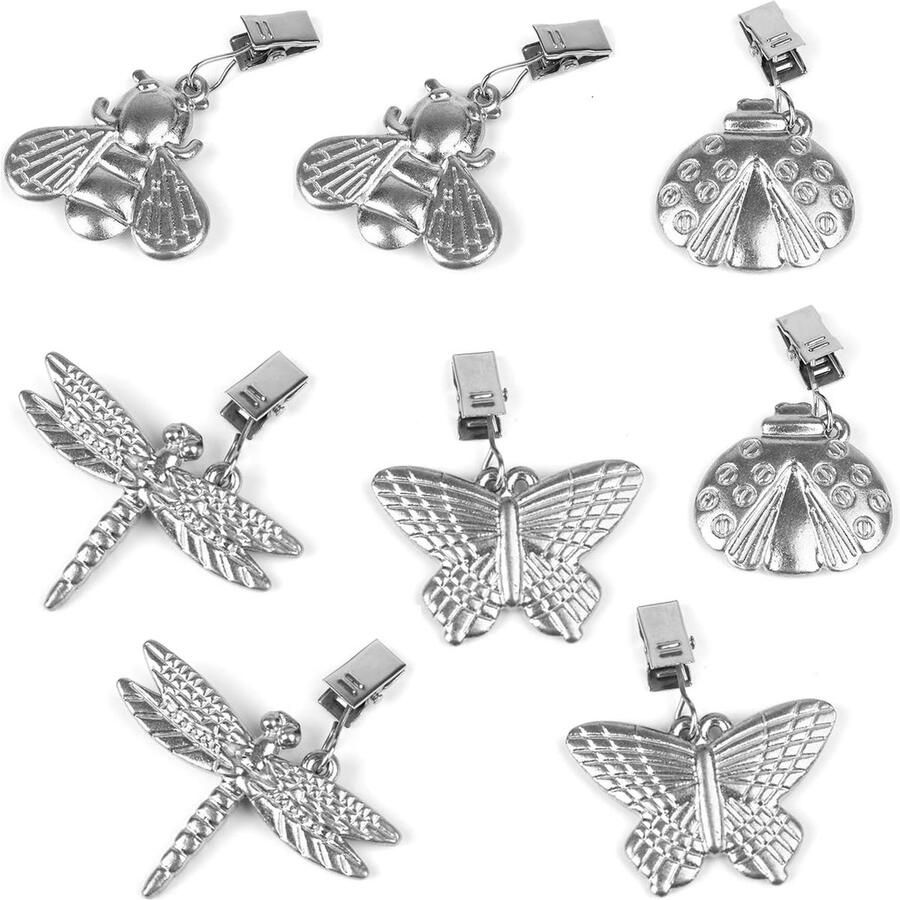 8 stuks tafelkleedgewichten metalen tafelkleedhouder tinnen insectenvorm met clips voor tuinpicknick binnen en buiten zilver