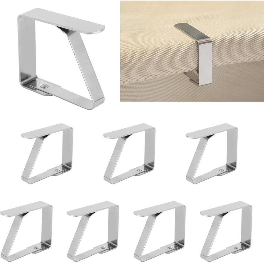 8 stuks tafelkleedklemmen picknicktafelklemmen afelkleedklemmen tafelloperklemmen tafelkleedhouders tafelkleedklemmen voor buitentafels roestvrijstalen tafelkleedklemmen voor picknicks feestjes en bruiloften 5*4 cm zilver
