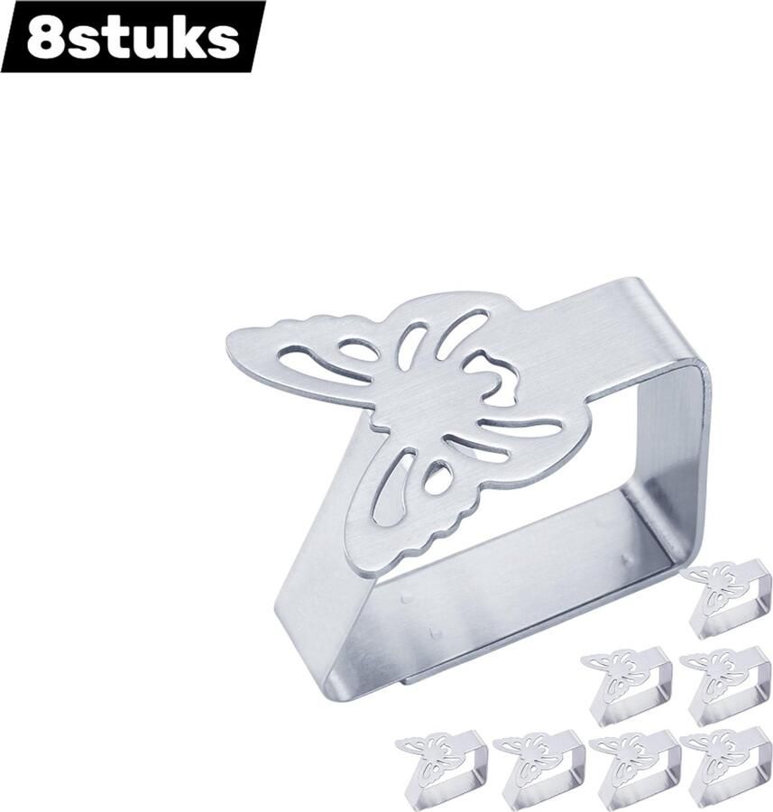 8 stuks Tafelkleedklemmen Roestvrij staal Geschikt voor binnen en buiten Diameter 3 cm Geschikt voor de meeste tafels Windbestendig ontwerp Picknickaccessoires Vlinderpatroon Zilverkleurig