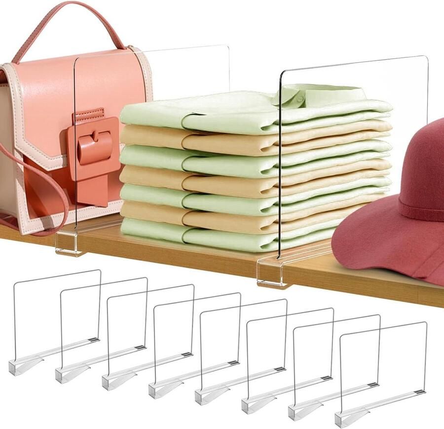 8 stuks Transparante Acryl Plankverdelers Verstelbaar 30 x 20 cm Voor Kledingkasten Organizer en Keukenkasten
