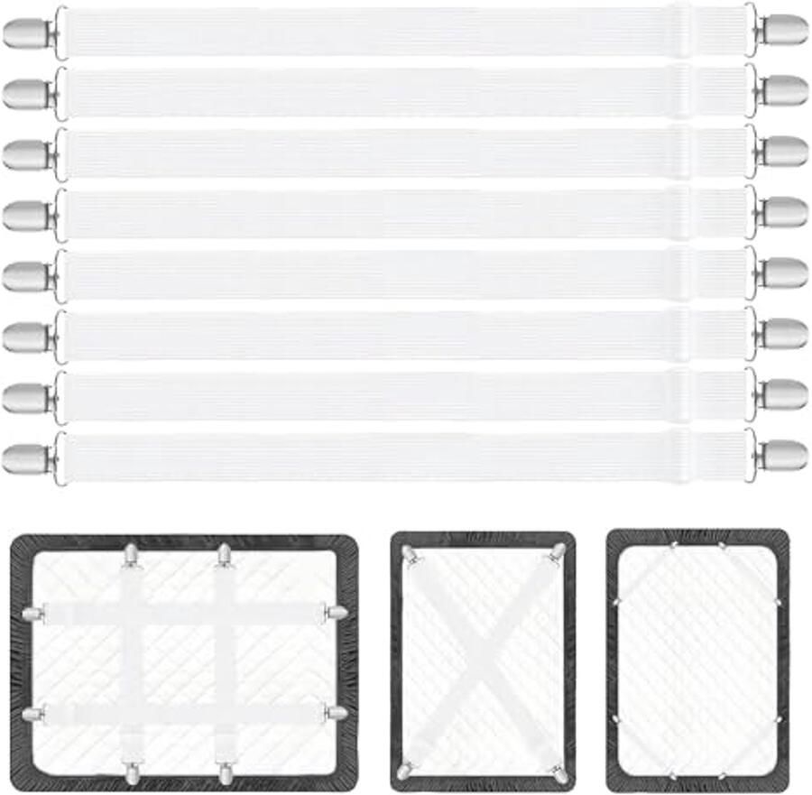 8 stuks verstelbare bedlakenspanners 67-250 cm elastische bedlakenspanners met metalen clips hoeslakenspanner wit