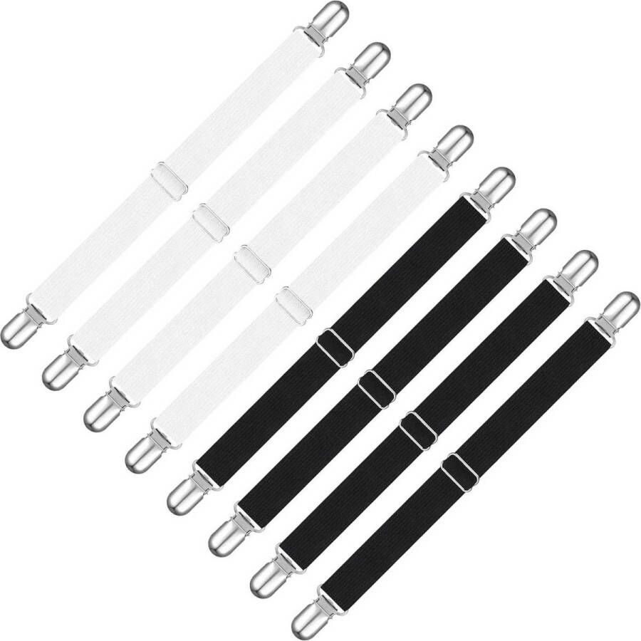 8 Stuks Verstelbare Elastische Lakenspanners met Metalen Clips Lakenklemmen Ideaal voor Matras Bedlaken Strijkplank Duurzaam en Multifunctioneel Zwart & Wit