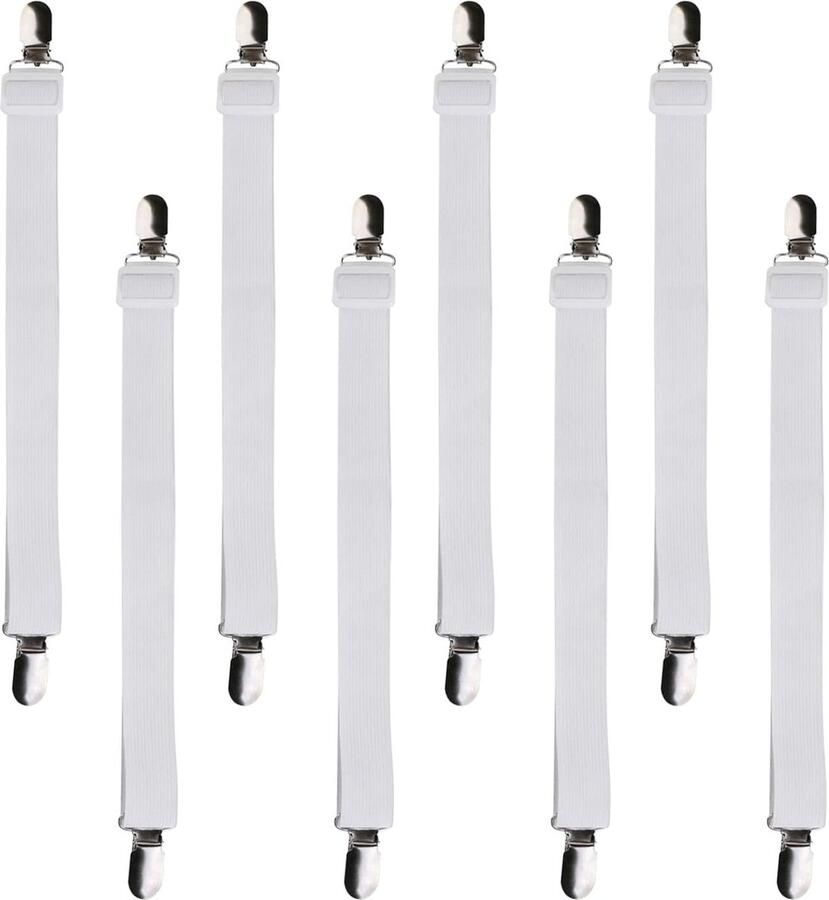 8 stuks verstelbare elastische lakenspanners met metalen klemmen voor laken strijkplank matras of bank (60-200 cm) wit