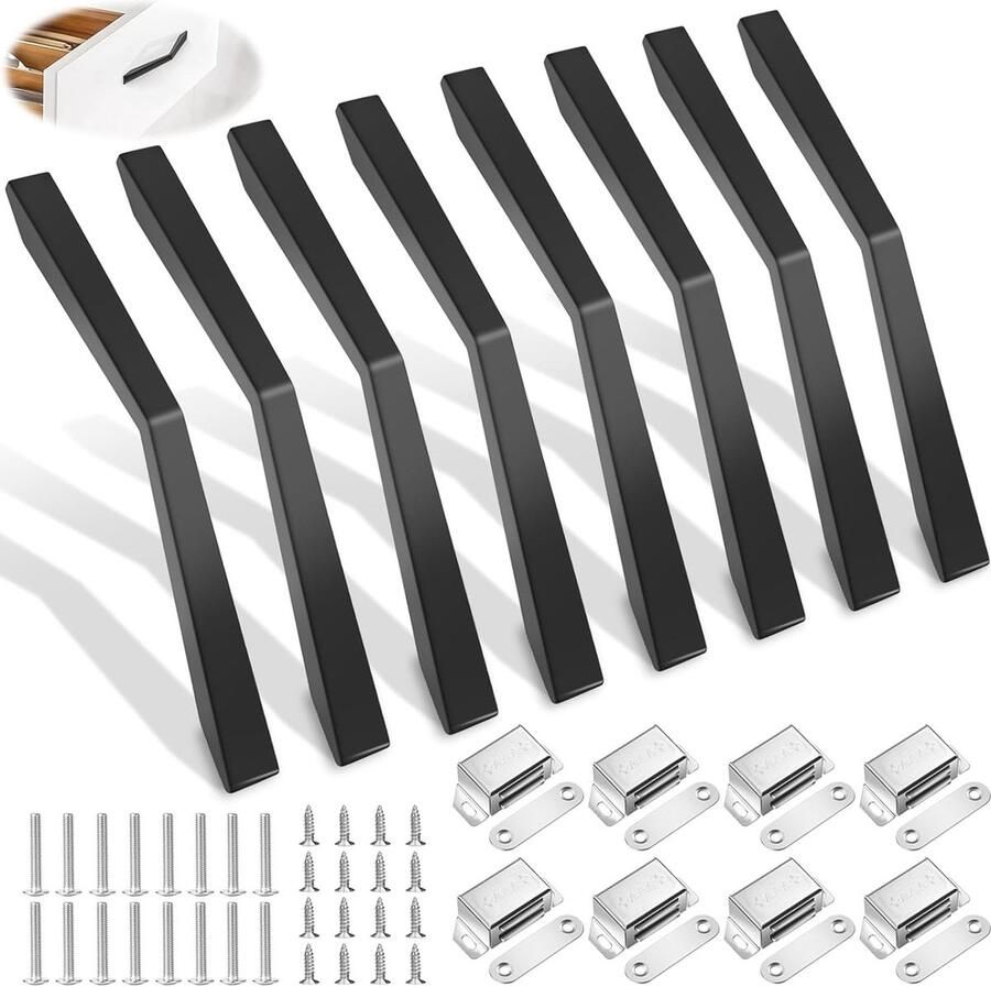 8 Stuks Zwarte Kastgrepen Moderne Aluminum Keukengrepen met Magnetische Deuren en Schroeven Gatafstand 128 mm