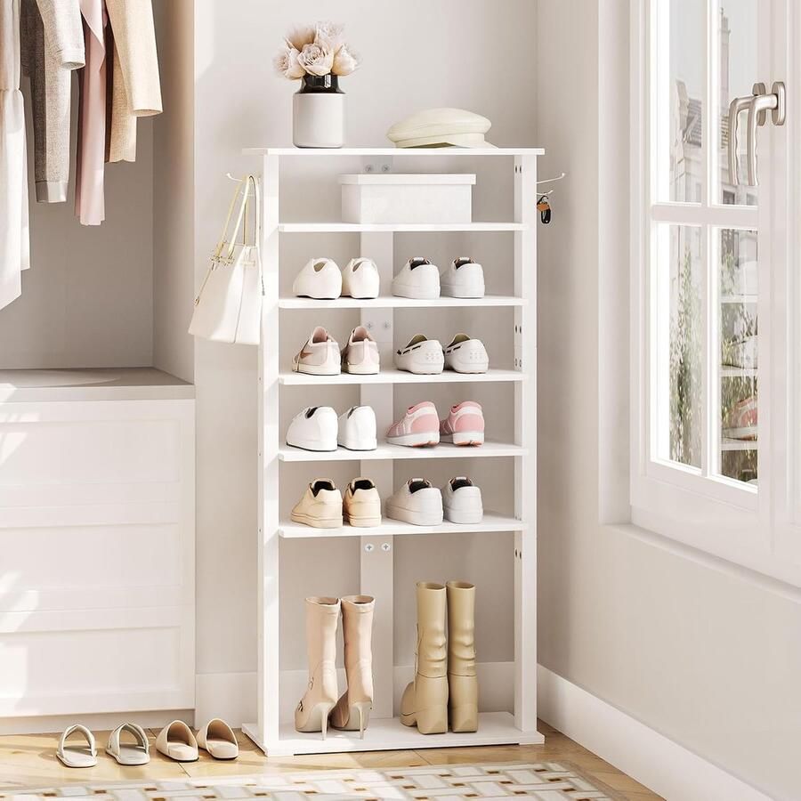 8-Tier High Shoe Rack – Shoe Cabinet with 2 Hooks Shoe Organizer for 16 Pairs Industrial White 50 x 28 x 113 cm