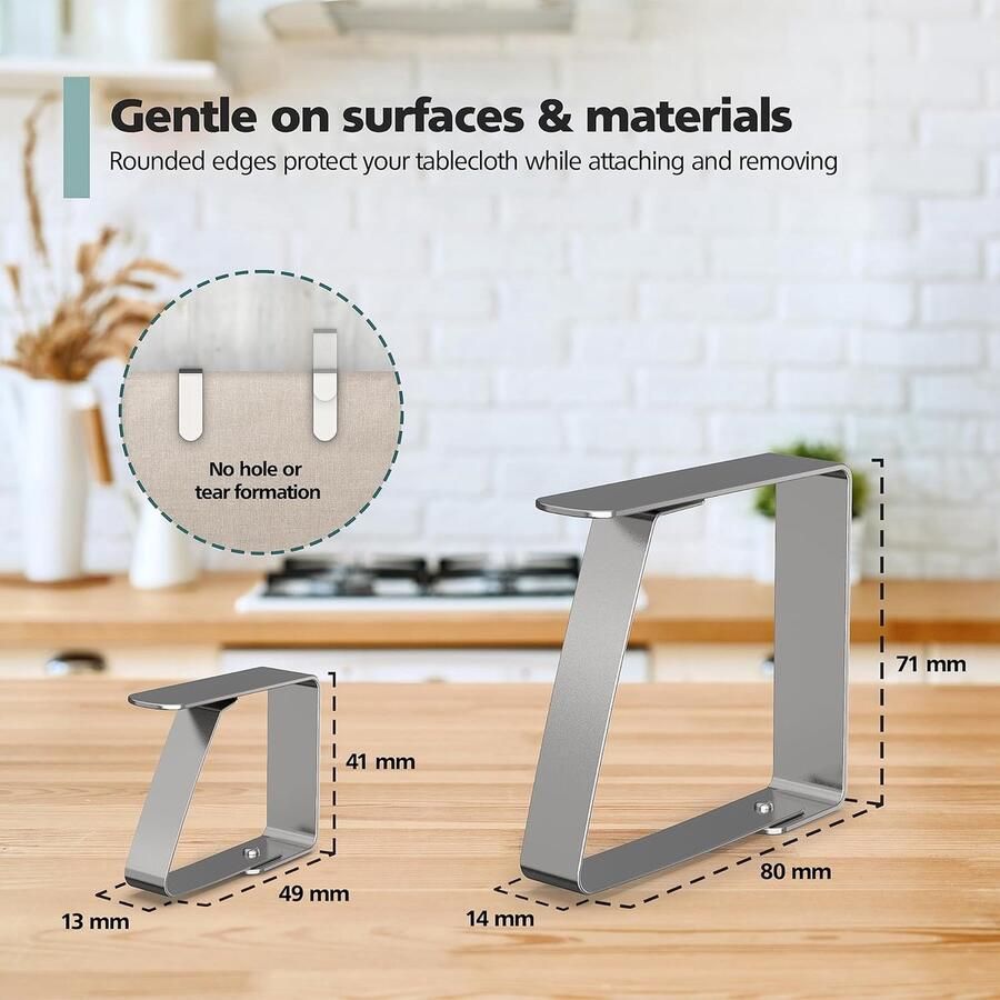 8 x tafelkleedklemmen 4 cm zilver tafelkleedklemmen van roestvrij staal voor binnen en buiten gemakkelijk afwasbare tafelkleedklemmen afgeronde randen klemmen voor vele tafelsoorten