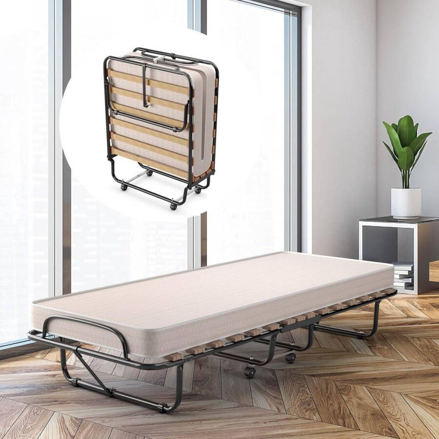 80 x 190 cm logeerbed inklapbaar opvouwbaar vouwbed met matras van traagschuim opklapbed met stevig stalen frame tot 120 kg belastbaar metalen bed op wielen voor kantoor en logeerkamer
