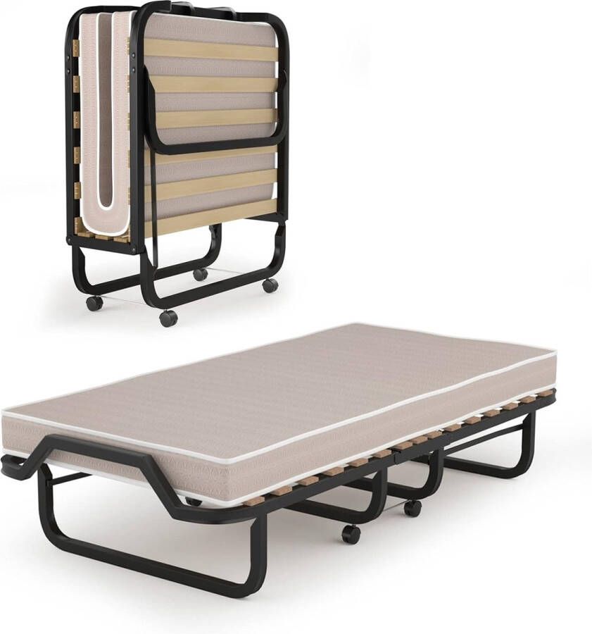 80 x 200 cm inklapbaar opvouwbaar met matras van terugstelschuim opklapbed met stevig stalen frame tot 120 kg metalen bed op wielen voor logeerkamer kantoor (beige)