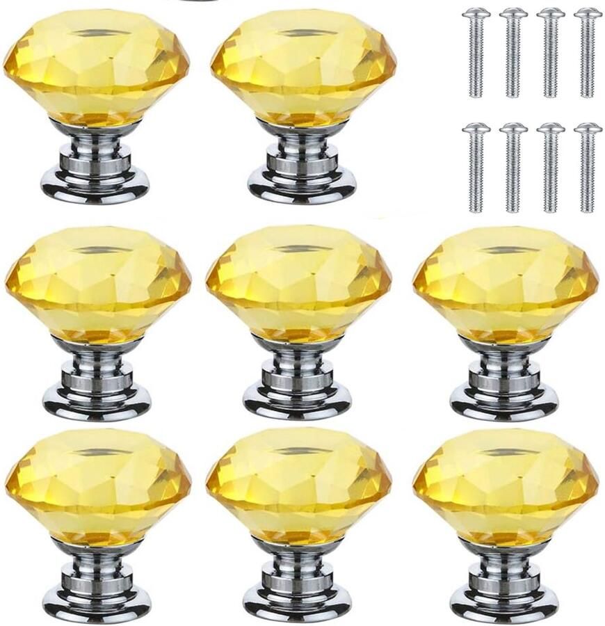 8x Kastknoppen rond Diameter 30 mm Kastknop Meubelknop Meubelbeslag Deurknopjes Meubelknoppen Deurknoppen voor kasten Zinklegering en glasmateriaal Inclusief bevestiging Voor kasten rekken nachtkastjes kasten Geel