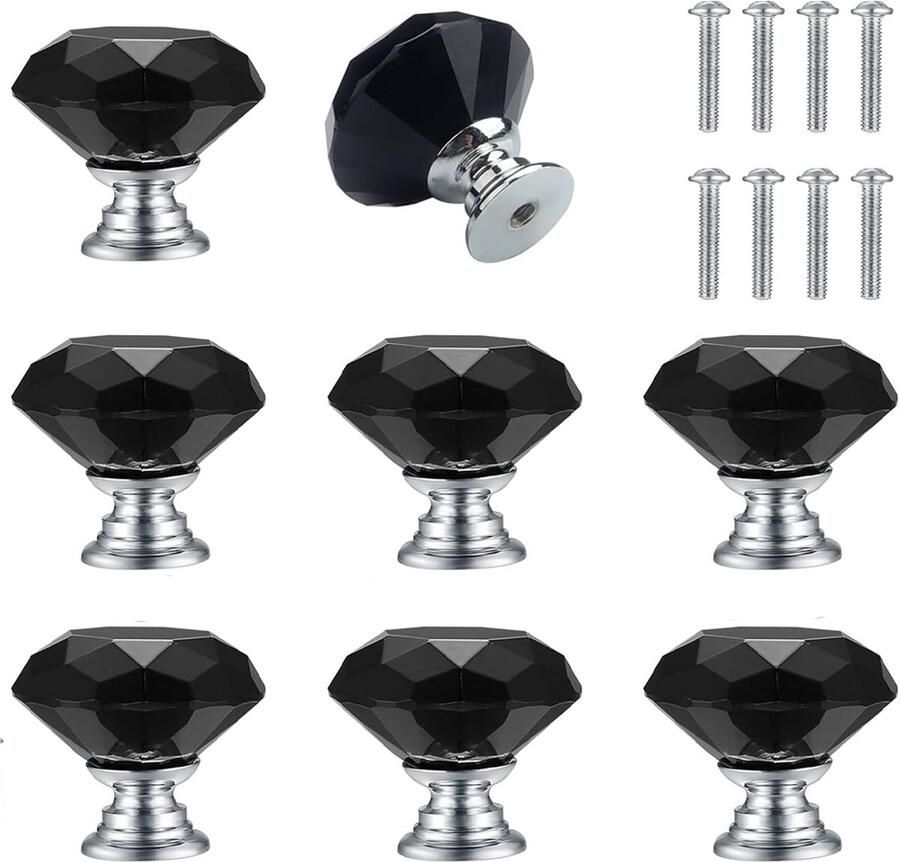 8x Kastknoppen rond Diameter 30 mm Kastknop Meubelknop Meubelbeslag Deurknopjes Meubelknoppen Deurknoppen voor kasten Zinklegering en glasmateriaal Inclusief bevestiging Voor kasten rekken nachtkastjes kasten Zwart