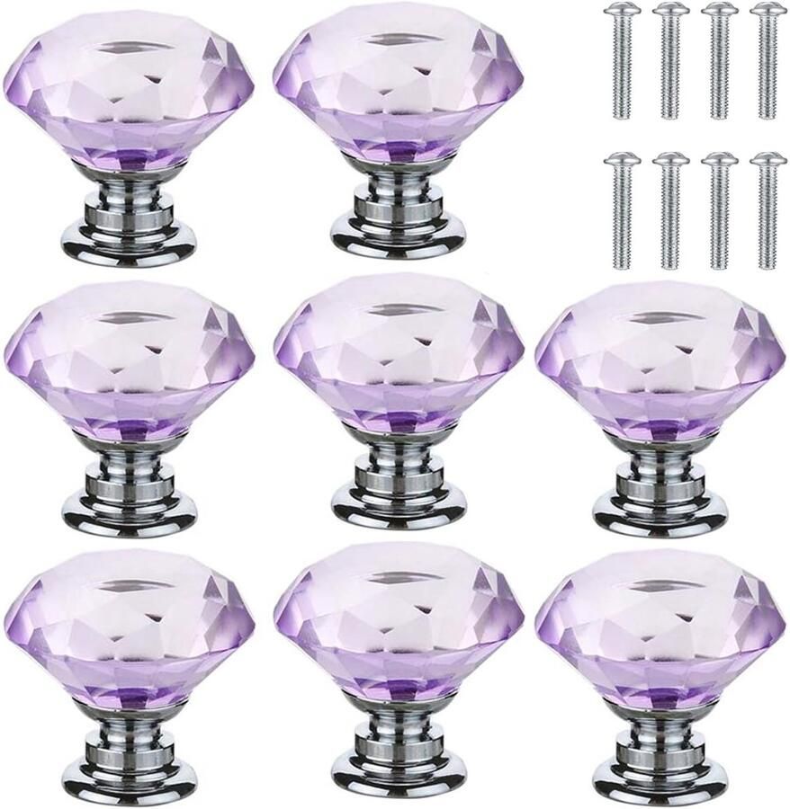 8x Kastknoppen rond Diameter 30 mm Kastknop Meubelknop Meubelbeslag Deurknopjes Meubelknoppen Deurknoppen voor kasten Zinklegering en glasmateriaal Inclusief bevestiging Voor kasten rekken nachtkastjes kasten Paars