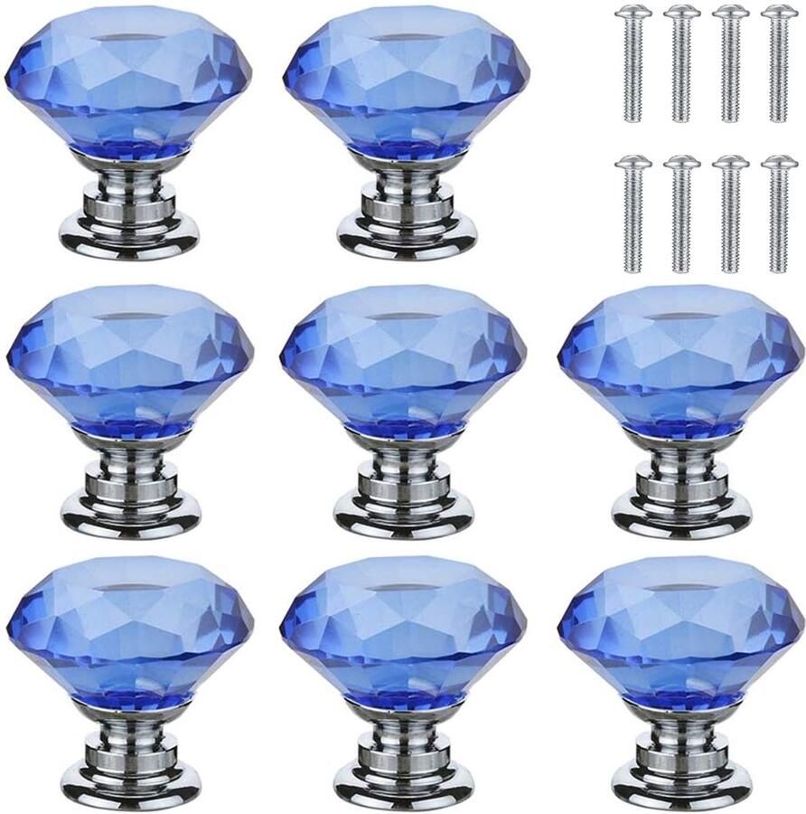 8x Kastknoppen rond Diameter 30 mm Kastknop Meubelknop Meubelbeslag Deurknopjes Meubelknoppen Deurknoppen voor kasten Zinklegering en glasmateriaal Inclusief bevestiging Voor kasten rekken nachtkastjes kasten Blauw