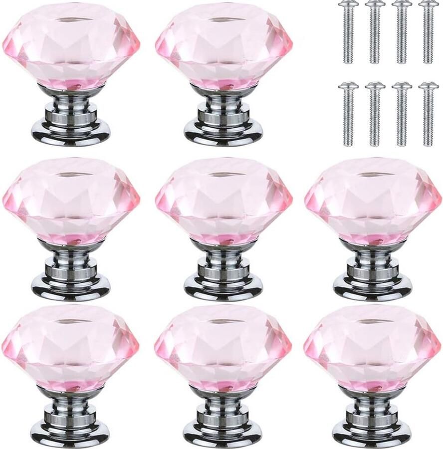 8x Kastknoppen rond Diameter 30 mm Kastknop Meubelknop Meubelbeslag Deurknopjes Meubelknoppen Deurknoppen voor kasten Zinklegering en glasmateriaal Inclusief bevestiging Voor kasten rekken nachtkastjes kasten Roze