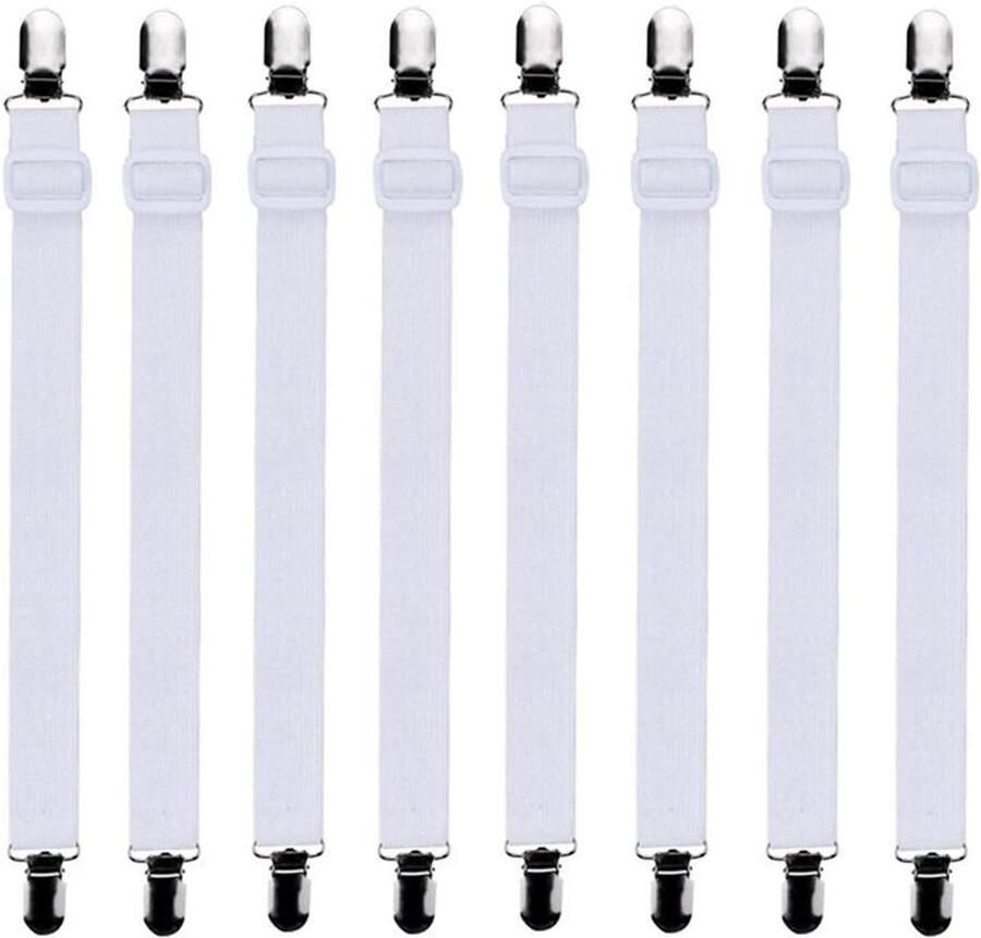 8x Lakenspanners Verstelbare lakenriemen 30 cm 130 cm elastische lakenriemen lakenspanner met metalen clips voor laken matras bank strijkplank (8 stuks wit)