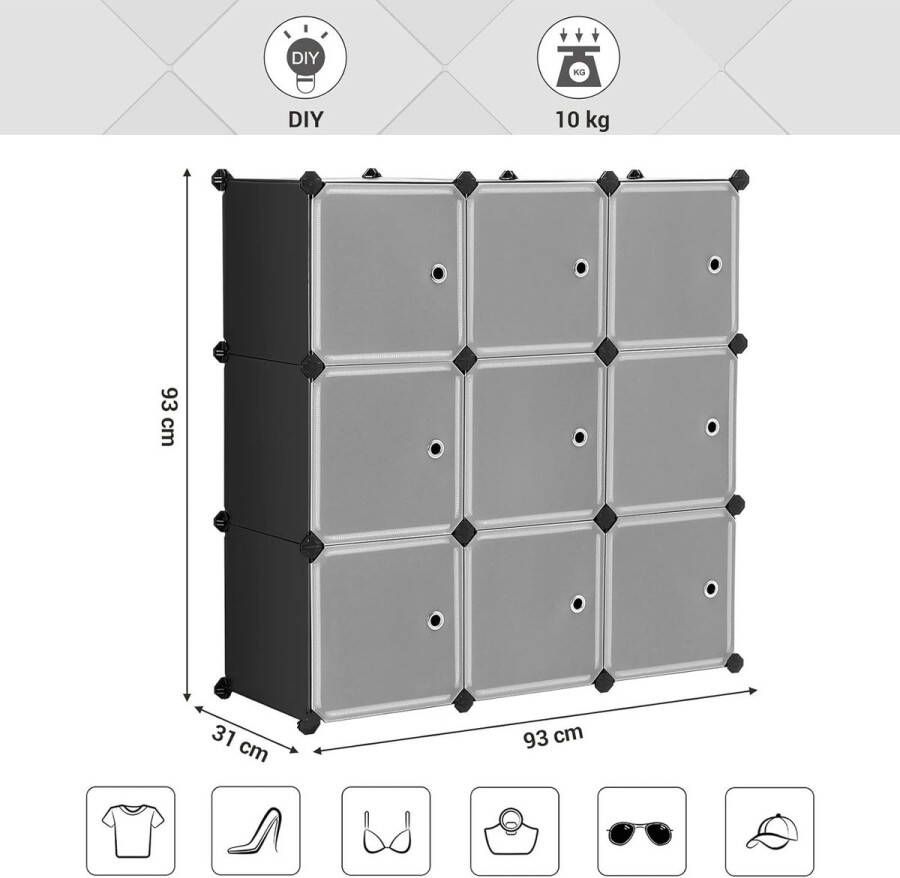 9-Cube opbergorganisator kunststof kast met deuren modulaire kast voor kleding schoenen speelgoed boeken eenvoudig te monteren zwart