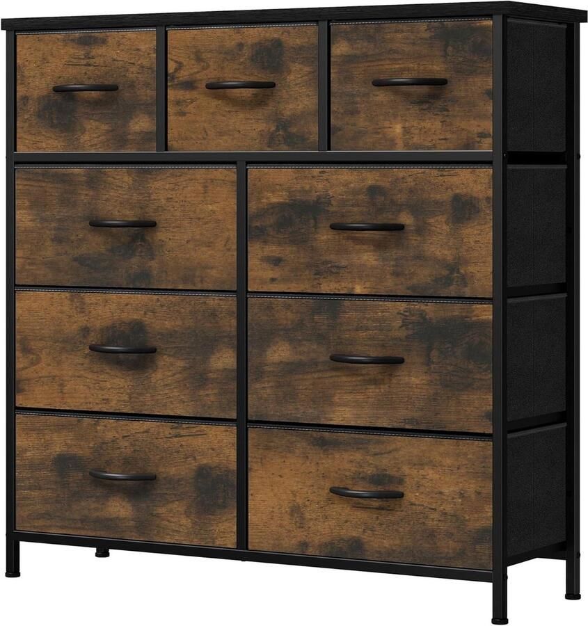 9 Drawer Chest of Drawers with Fabric Dresser Storage Rustic Brown