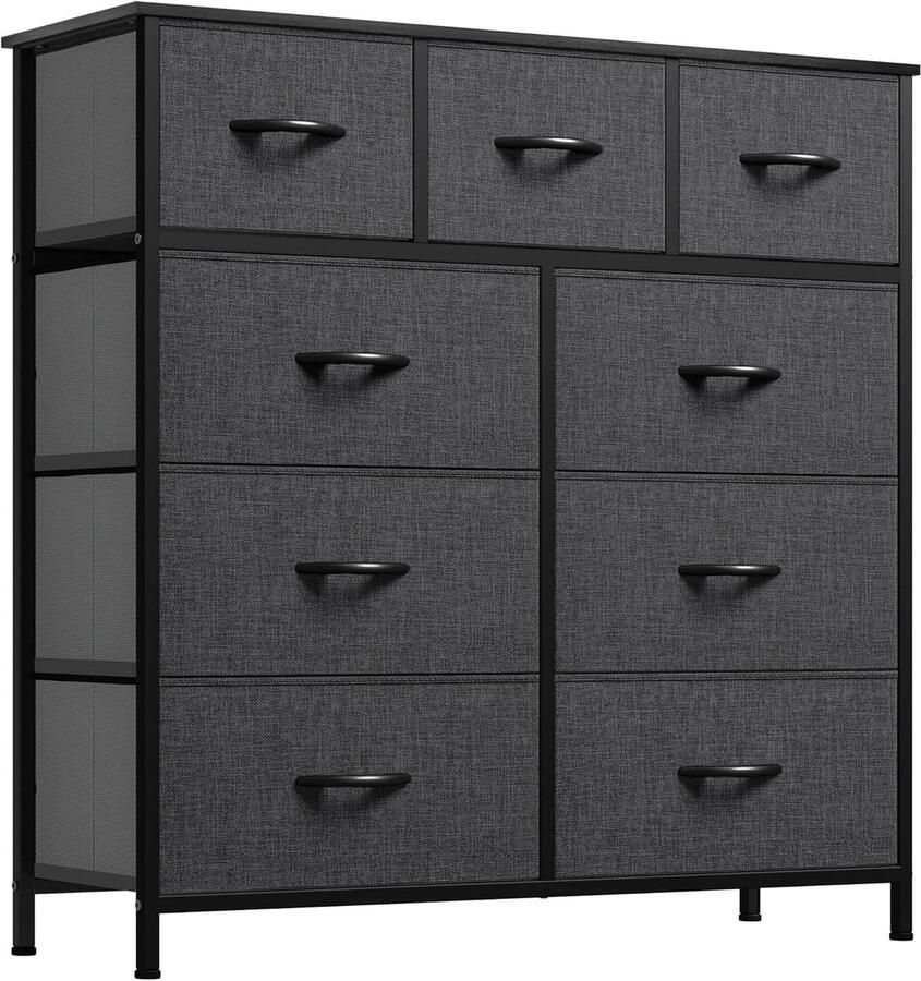 9 Drawer Fabric Dressers with Easy Pull Handle Sturdy Steel Frame Storage Drawers for Bedroom Kids Room Closet Black Grey