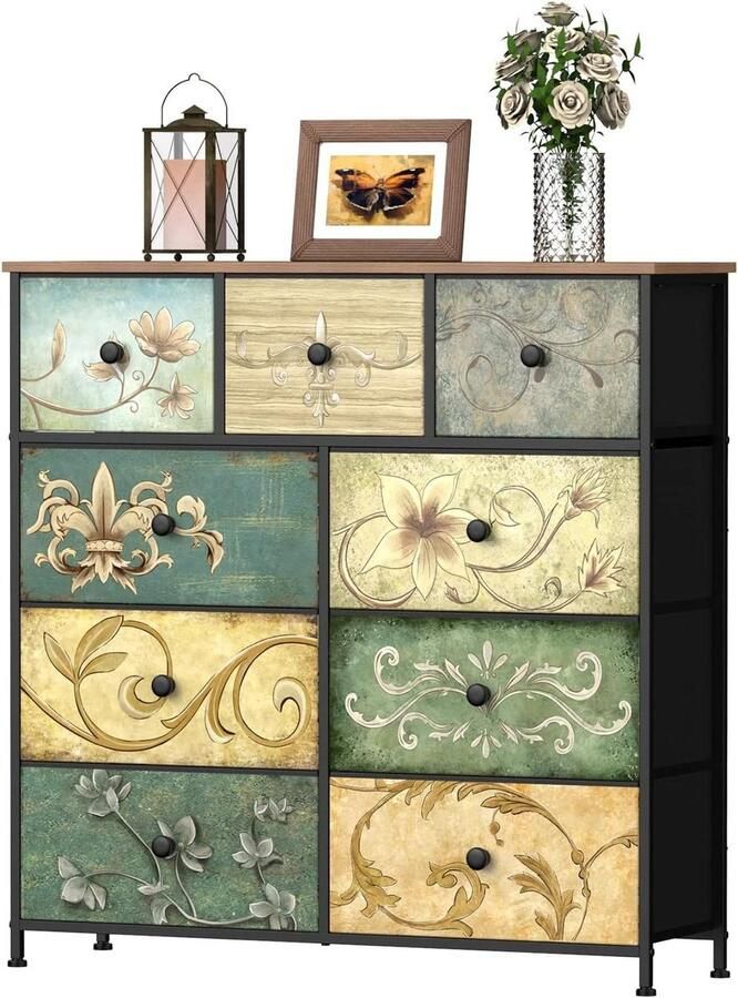 9 Drawer Industrial Fabric Chest of Drawers with Metal Frame and Wooden Surface for Living Room Children's Room Hallway Rustic Style