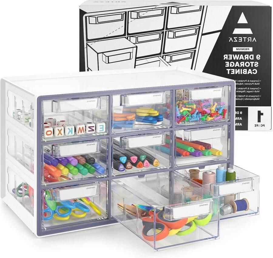 9-Drawer Storage Cabinet with Stoppers for Makeup and Art Supplies White Plastic 16.2 x 9.3 x 9.8 inches