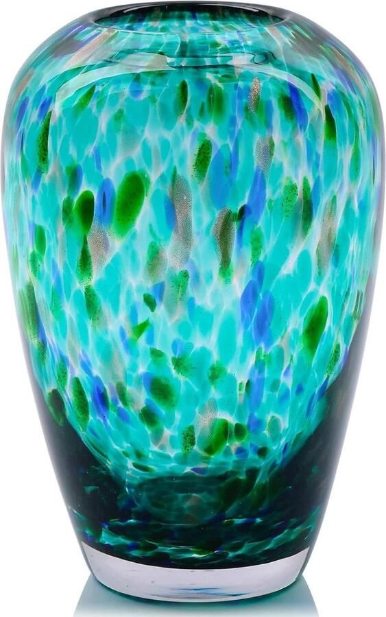 9 Inch Long Hand Blown Glass Vase Wide Mouth Teal Green Modern Table Centerpieces for Bud&Flower Decor Ideal Living Room Kitchen Wedding Dining Table